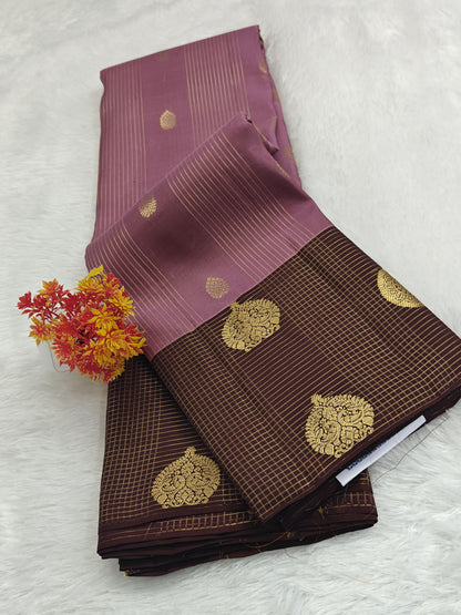 Onion Pink Checked Silk Saree with Brown Border