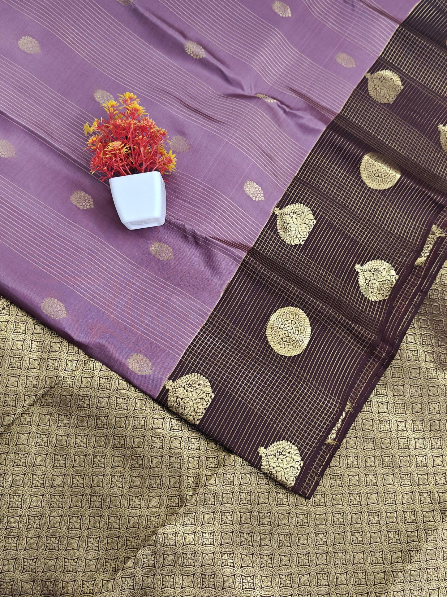 Onion Pink Checked Silk Saree with Brown Border