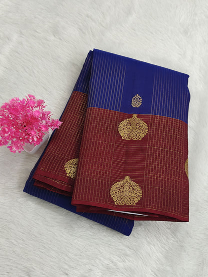 Royal Blue Checked Silk Saree with Red Border
