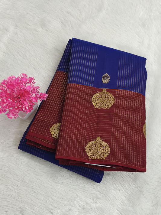 Royal Blue Checked Silk Saree with Red Border
