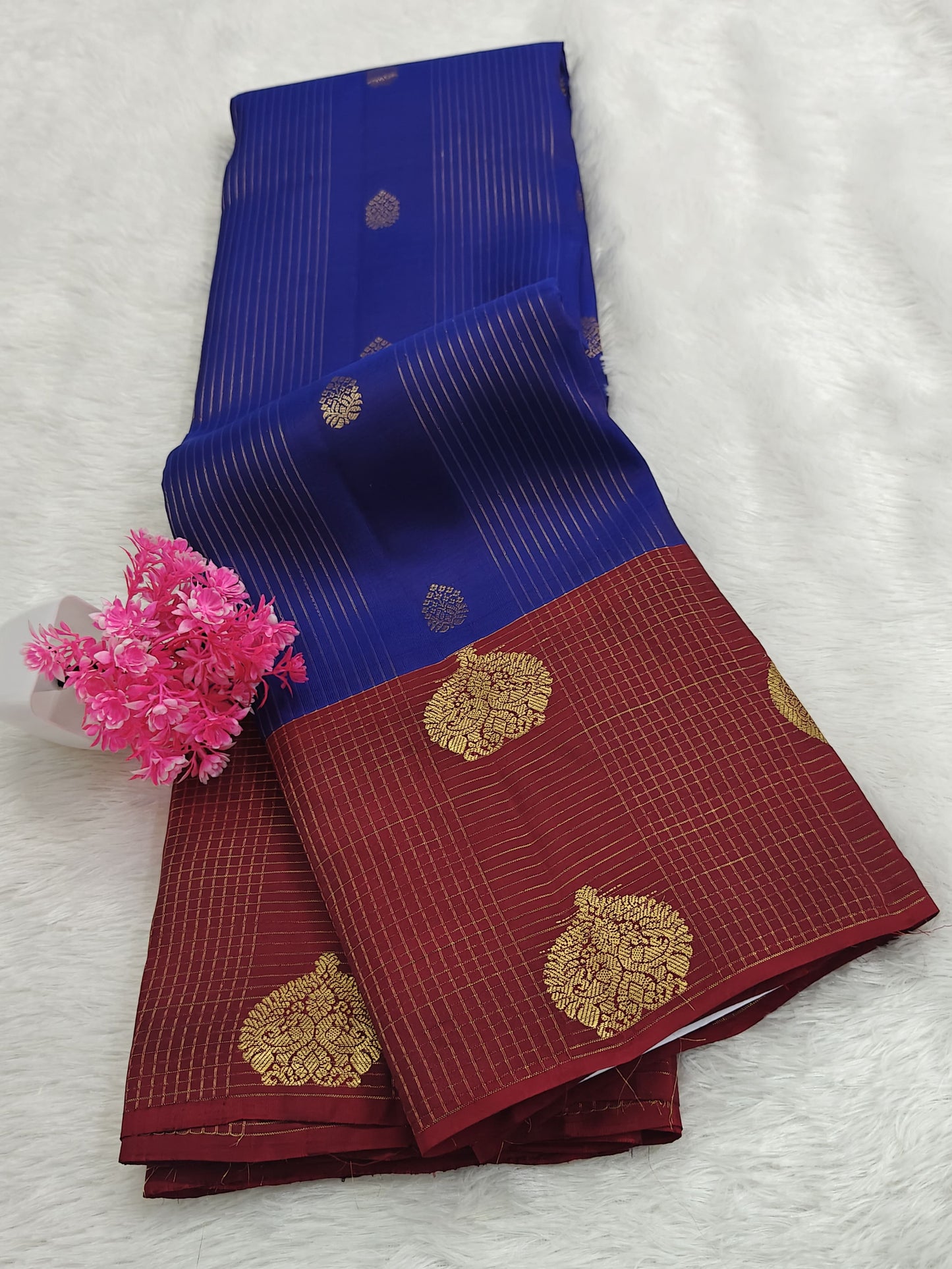 Royal Blue Checked Silk Saree with Red Border