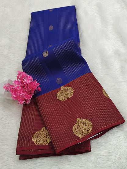 Royal Blue Checked Silk Saree with Red Border