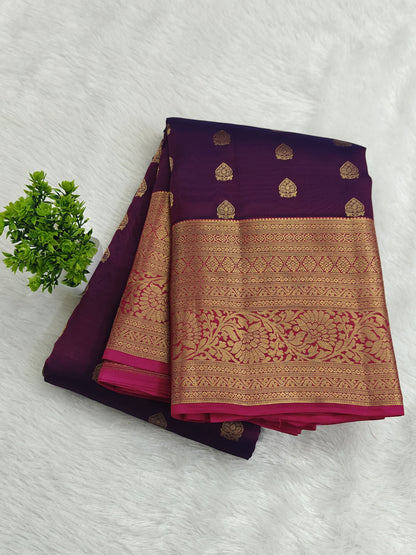 Purple Pure Silk Saree with Rani Pink Border