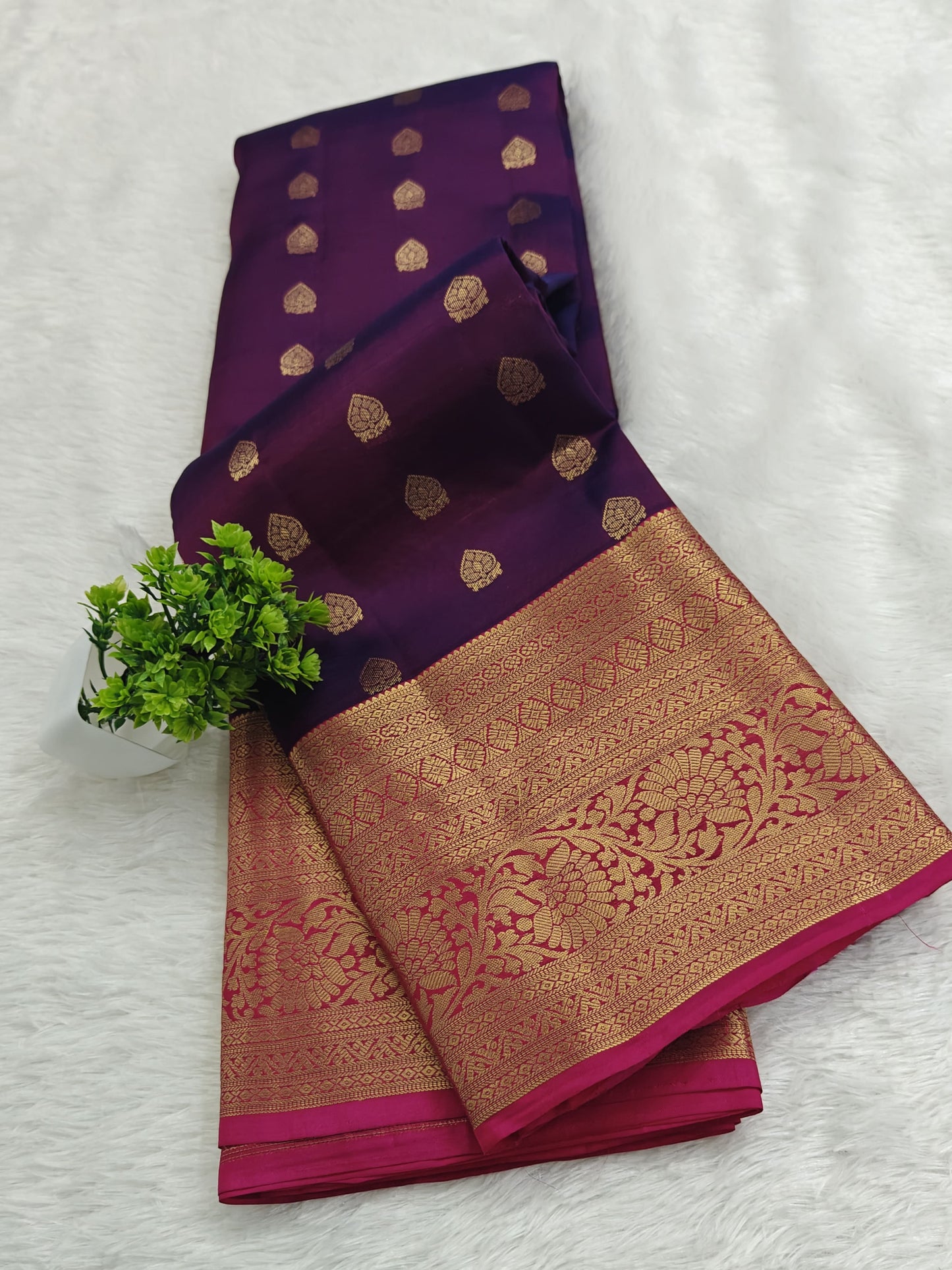 Purple Pure Silk Saree with Rani Pink Border