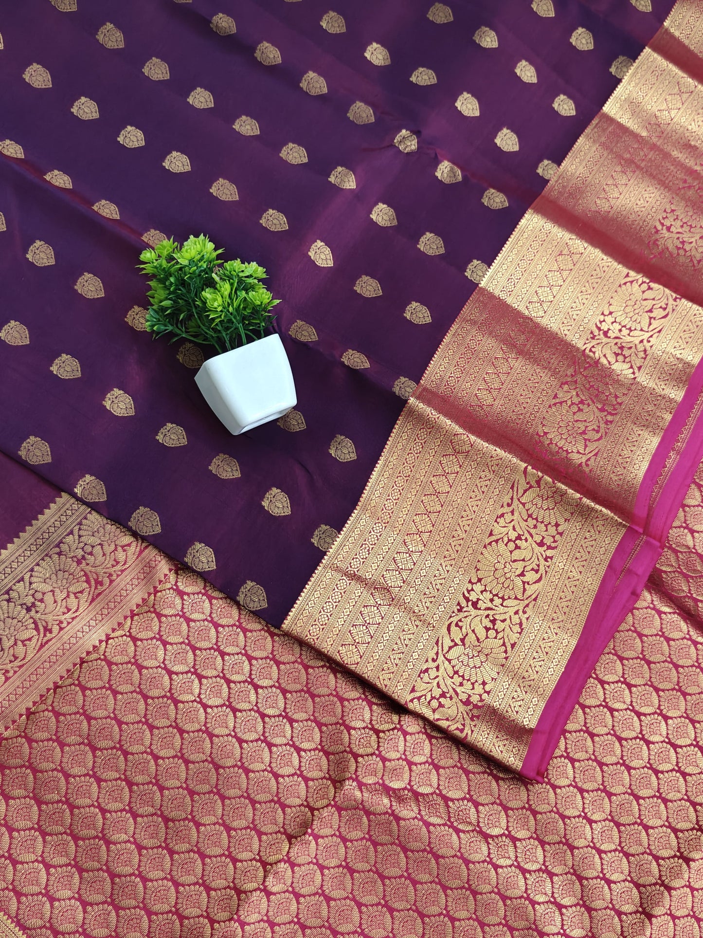 Purple Pure Silk Saree with Rani Pink Border