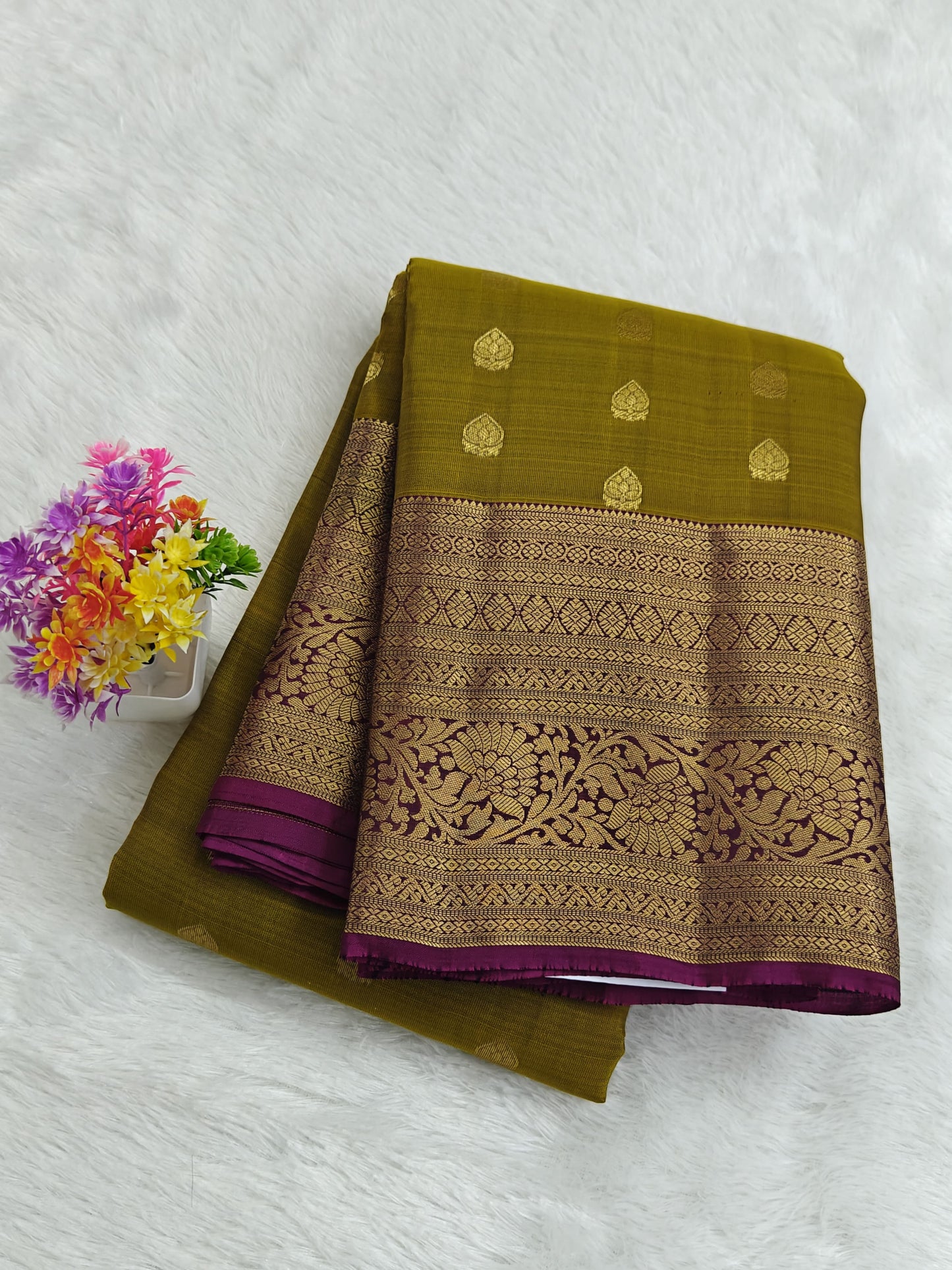 Mehandi Green Pure Silk Saree with Purple Border