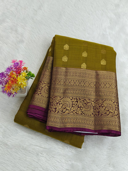 Mehandi Green Pure Silk Saree with Purple Border