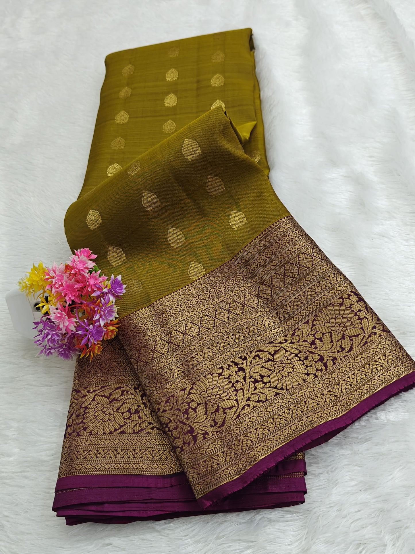 Mehandi Green Pure Silk Saree with Purple Border