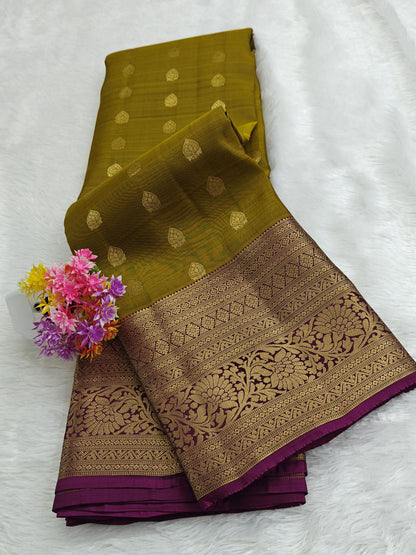 Mehandi Green Pure Silk Saree with Purple Border