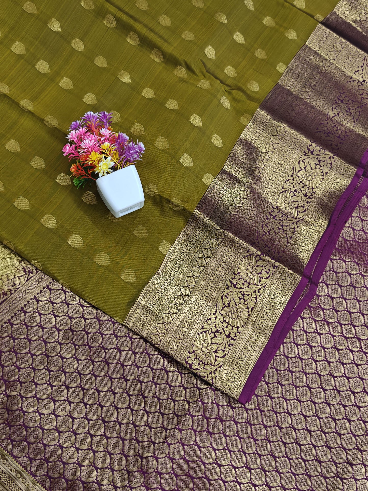 Mehandi Green Pure Silk Saree with Purple Border
