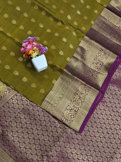 Mehandi Green Pure Silk Saree with Purple Border