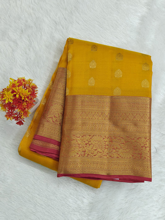 Yellow Pure Silk Saree with Pink Border