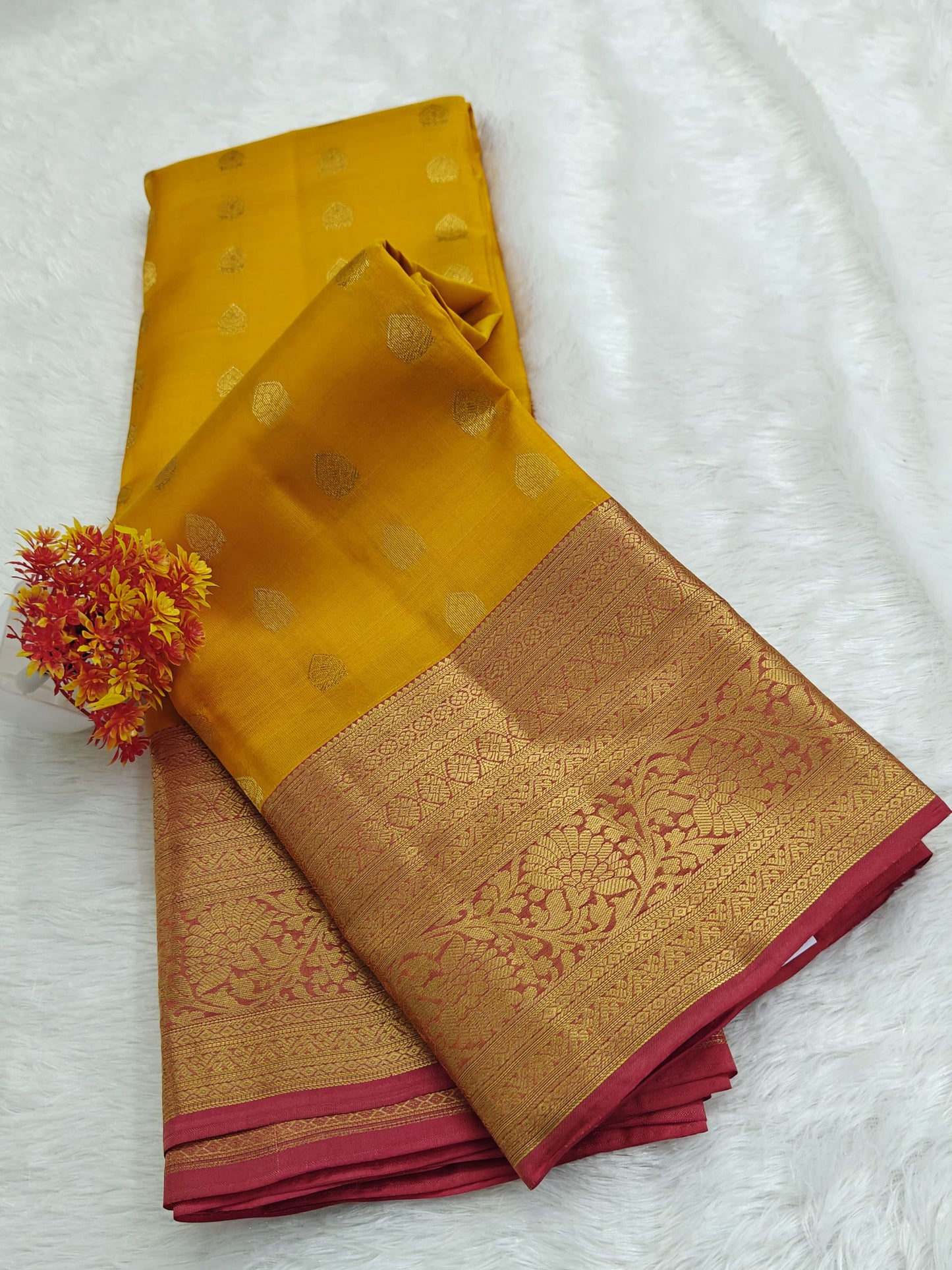 Yellow Pure Silk Saree with Pink Border
