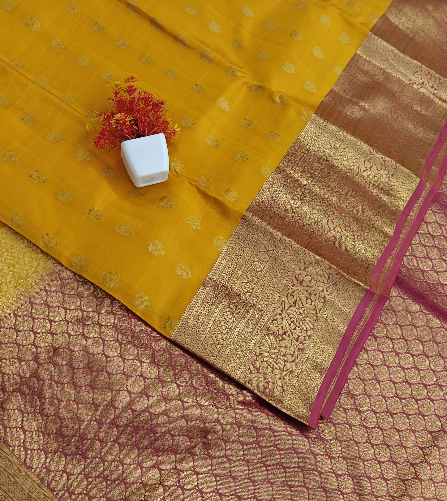 Yellow Pure Silk Saree with Pink Border