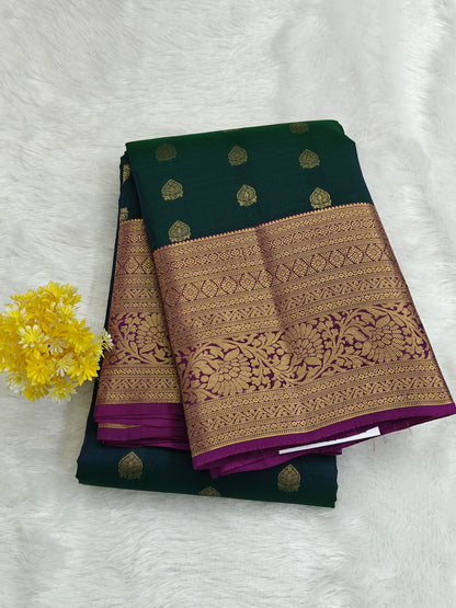Peacock Green Pure Silk Saree with Purple Border