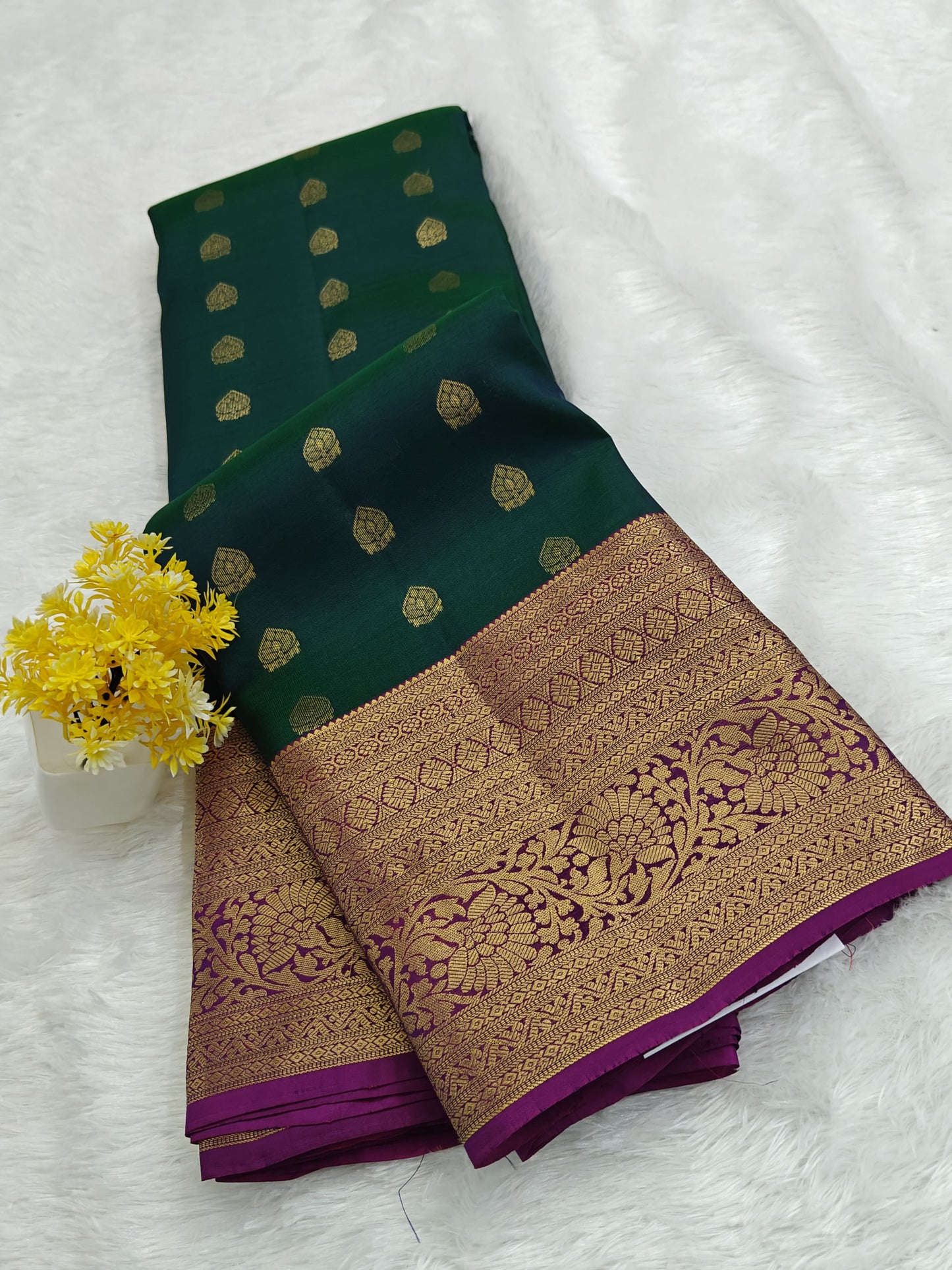 Peacock Green Pure Silk Saree with Purple Border
