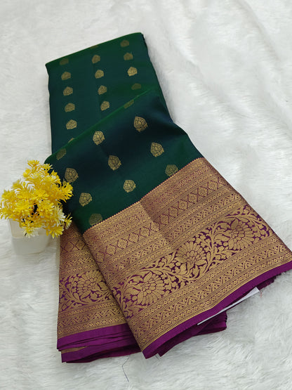 Peacock Green Pure Silk Saree with Purple Border