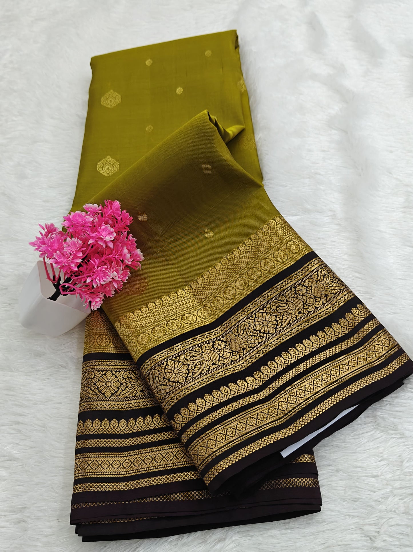 Mehandi Green Silk Saree with Coffee Brown Border