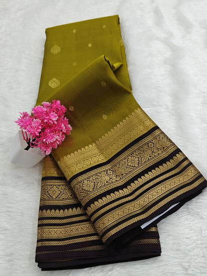 Mehandi Green Silk Saree with Coffee Brown Border