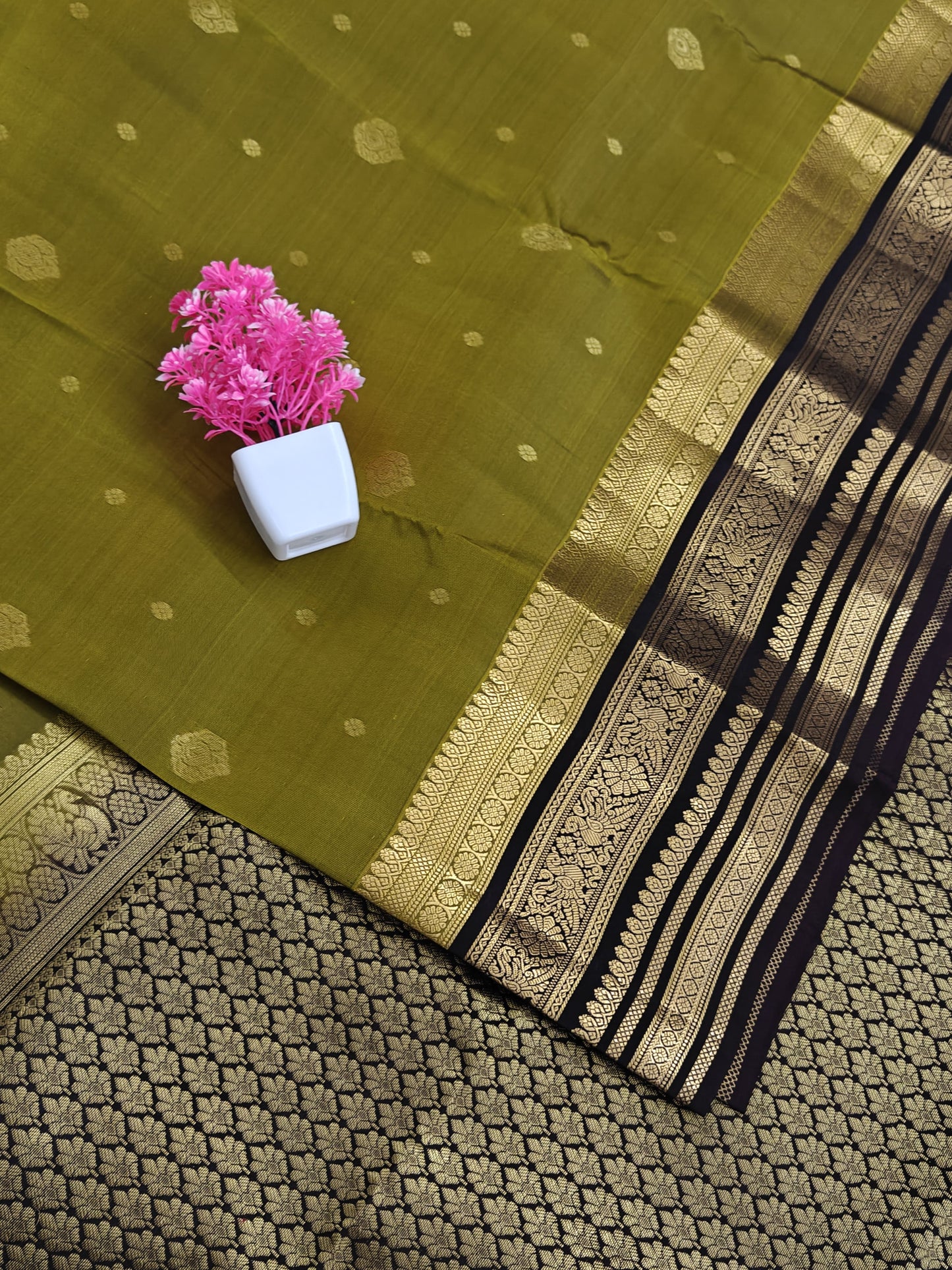 Mehandi Green Silk Saree with Coffee Brown Border
