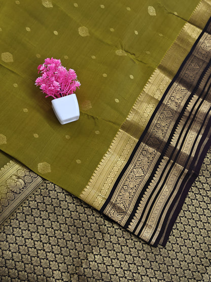 Mehandi Green Silk Saree with Coffee Brown Border