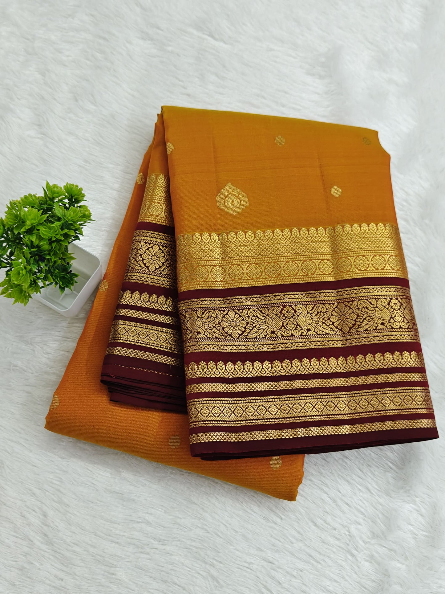Mustard Orange Pure Silk Saree with Maroon Border