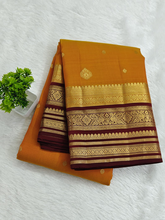 Mustard Orange Pure Silk Saree with Maroon Border