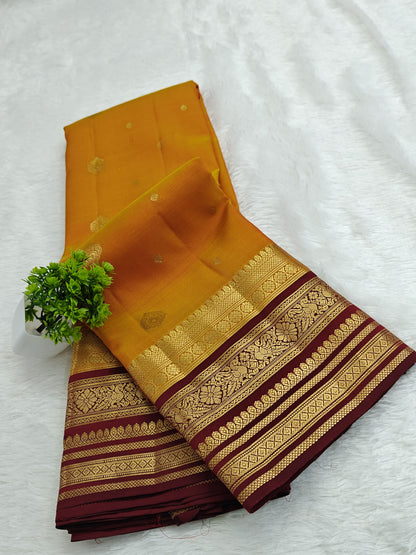 Mustard Orange Pure Silk Saree with Maroon Border