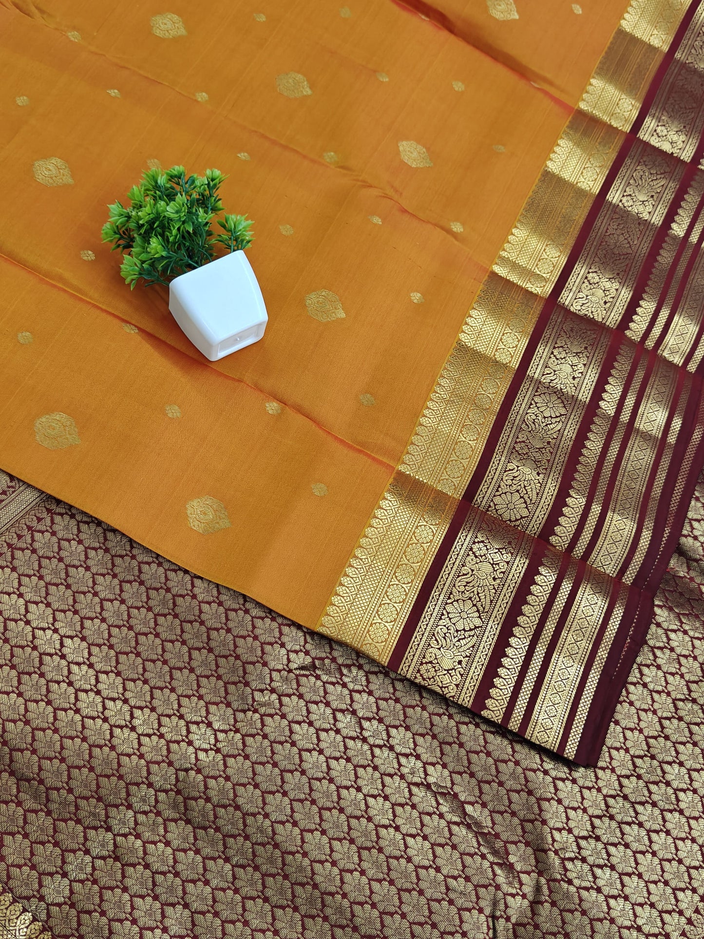 Mustard Orange Pure Silk Saree with Maroon Border