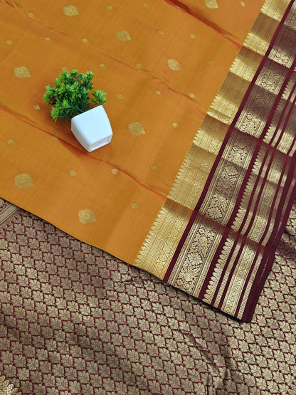 Mustard Orange Pure Silk Saree with Maroon Border