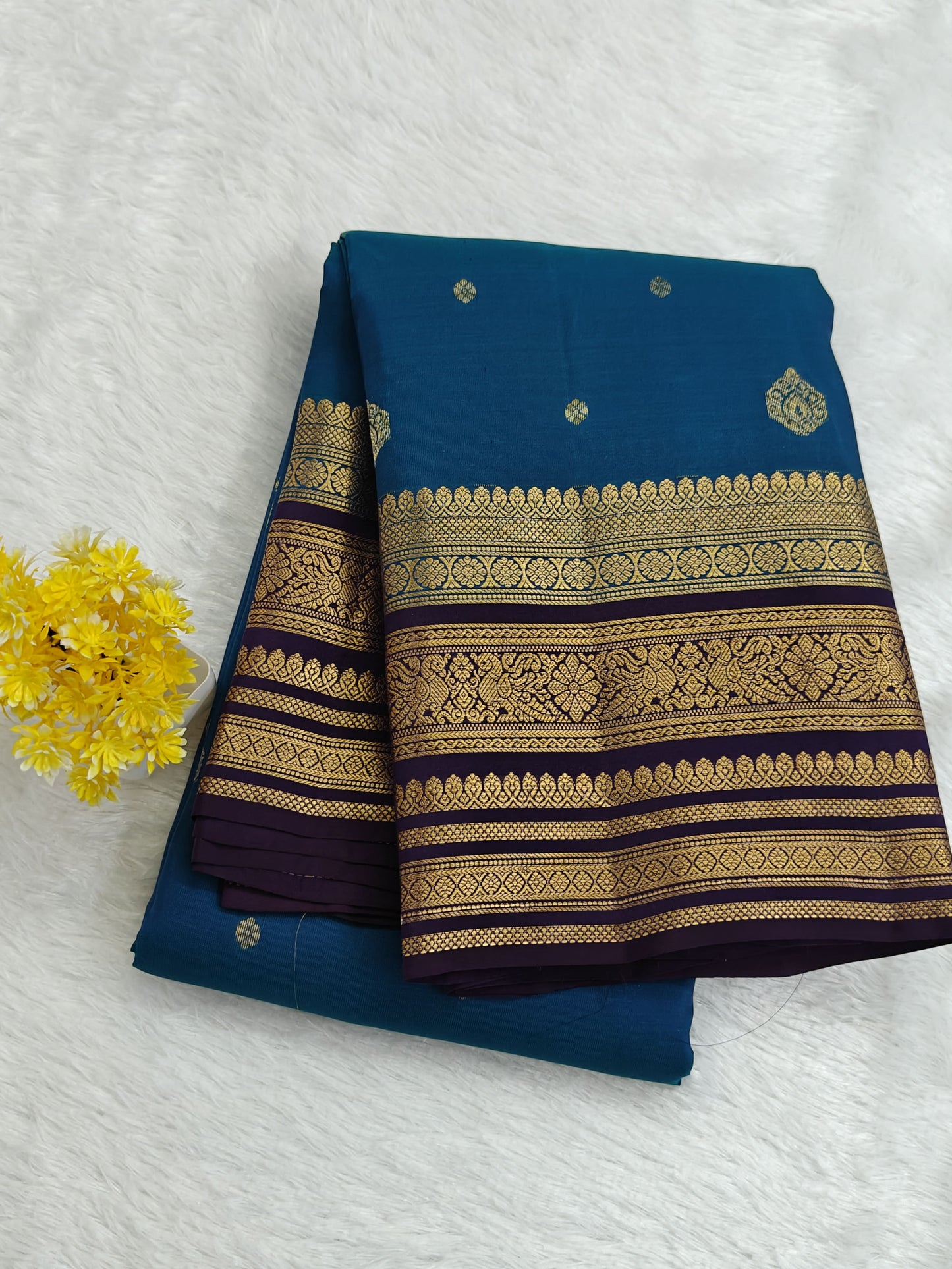 Peacock Blue Pure Silk Saree with Purple Border