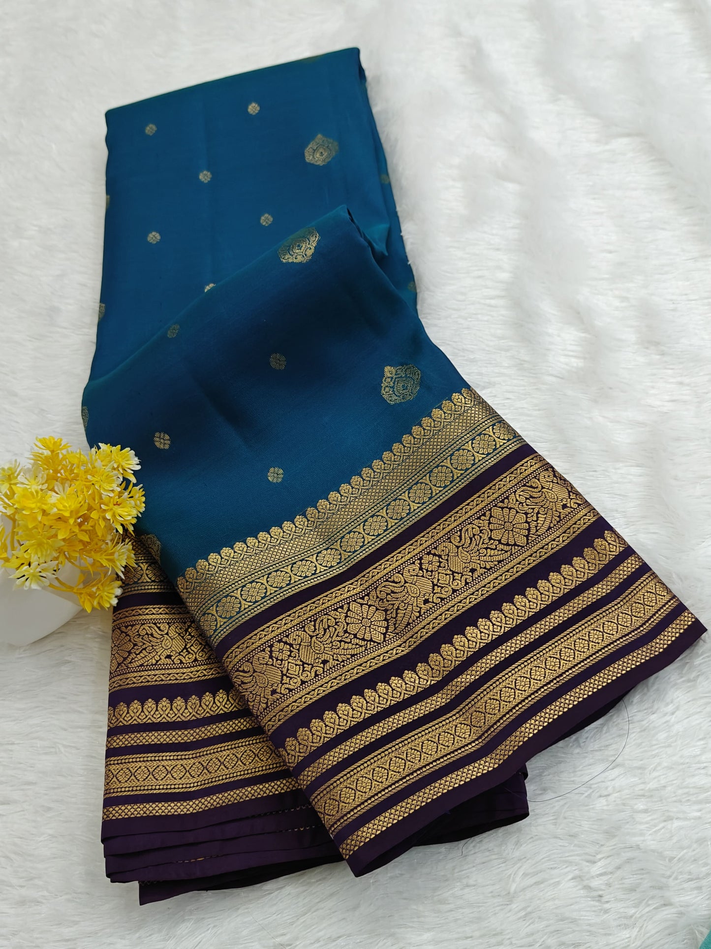 Peacock Blue Pure Silk Saree with Purple Border