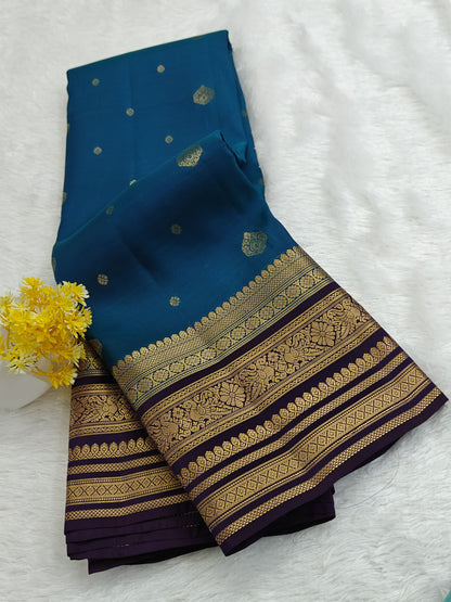 Peacock Blue Pure Silk Saree with Purple Border