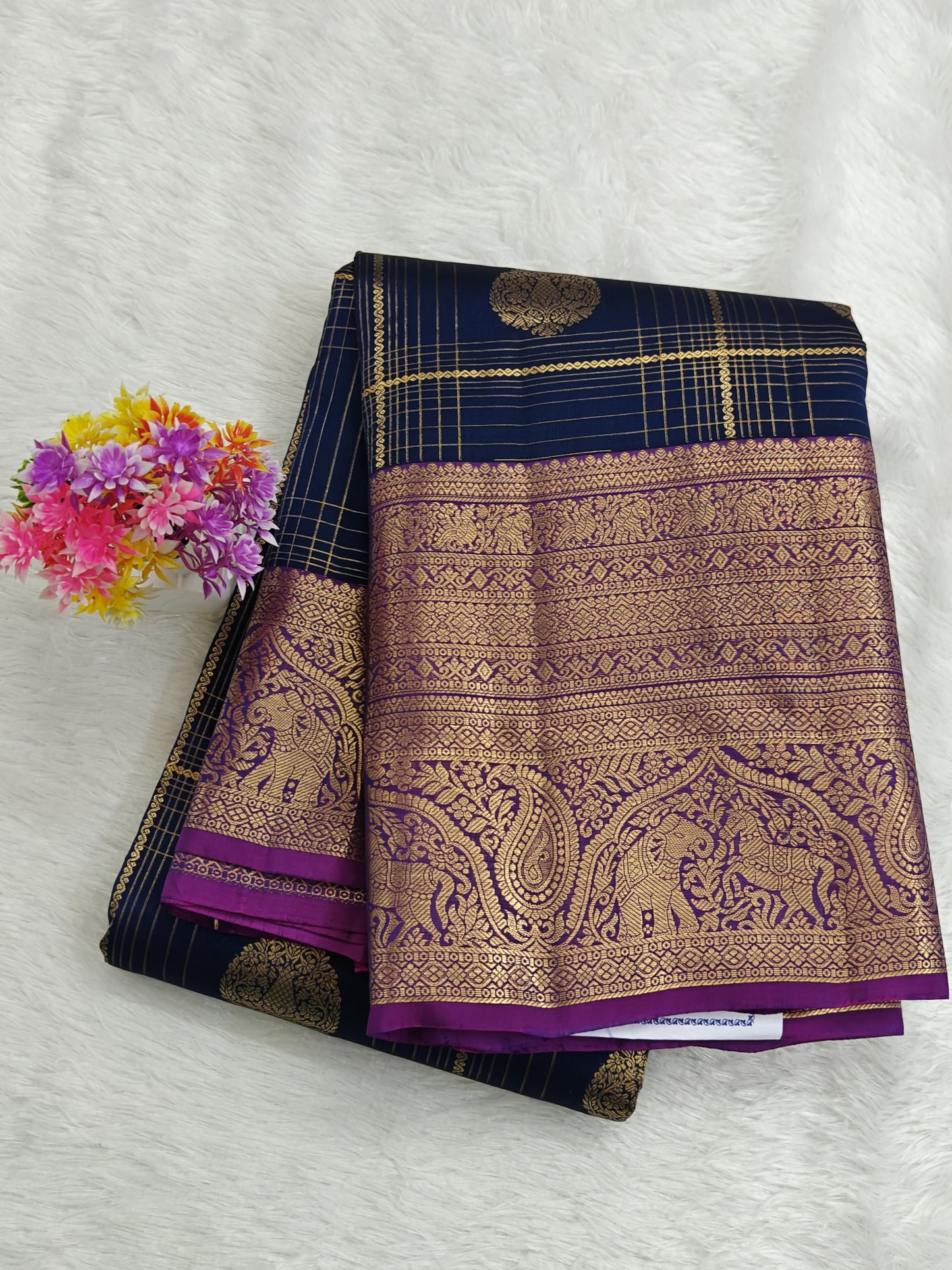 Dark Blue Pure Silk Saree with Purple Border