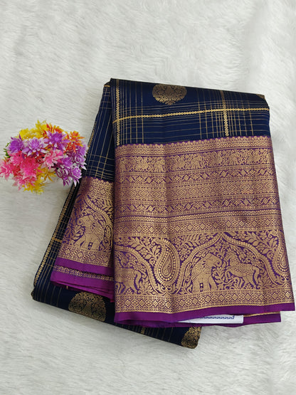 Dark Blue Pure Silk Saree with Purple Border