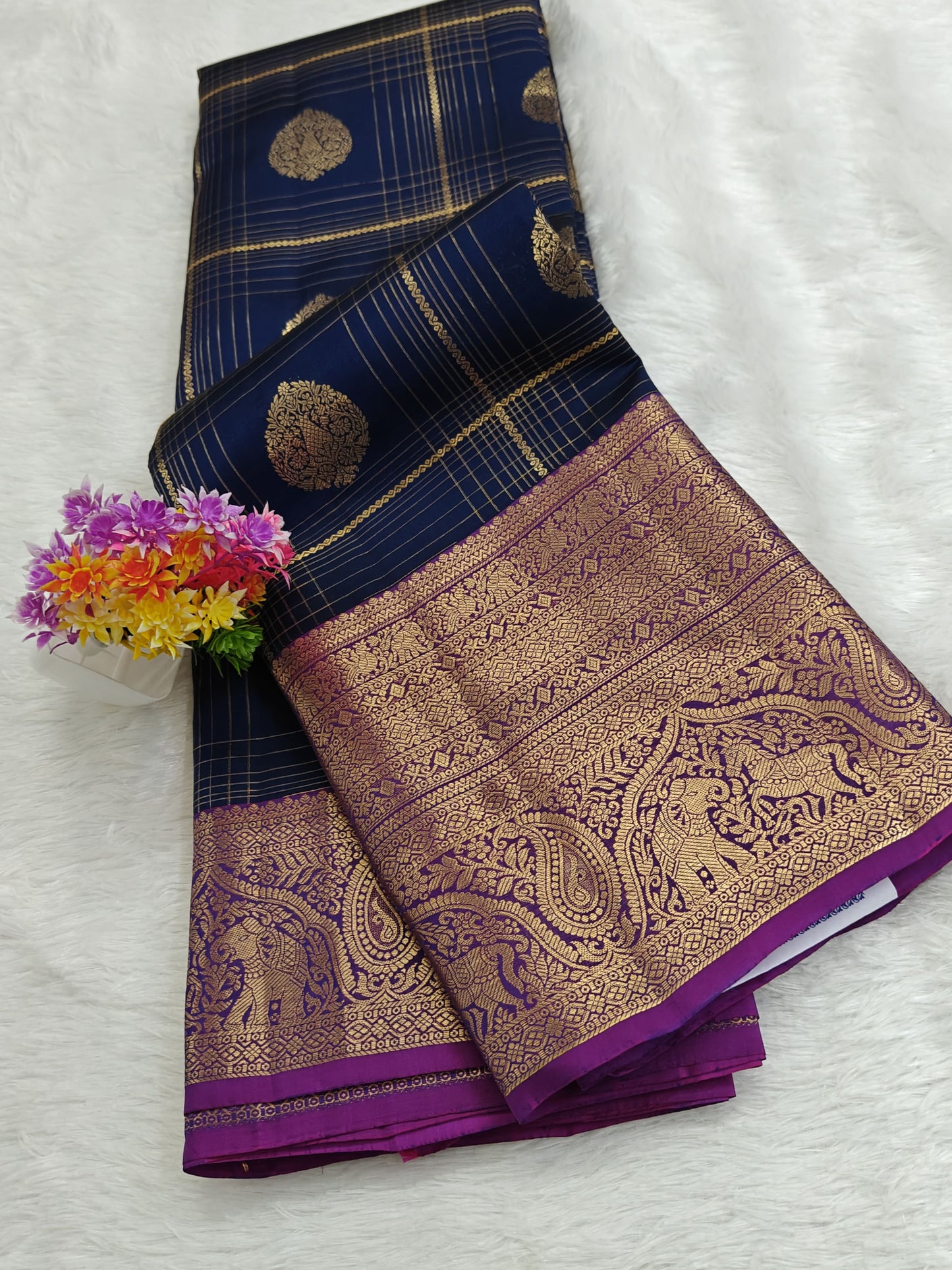 Dark Blue Pure Silk Saree with Purple Border
