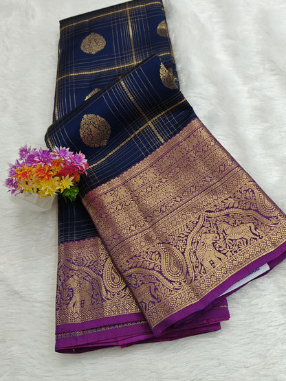Dark Blue Pure Silk Saree with Purple Border