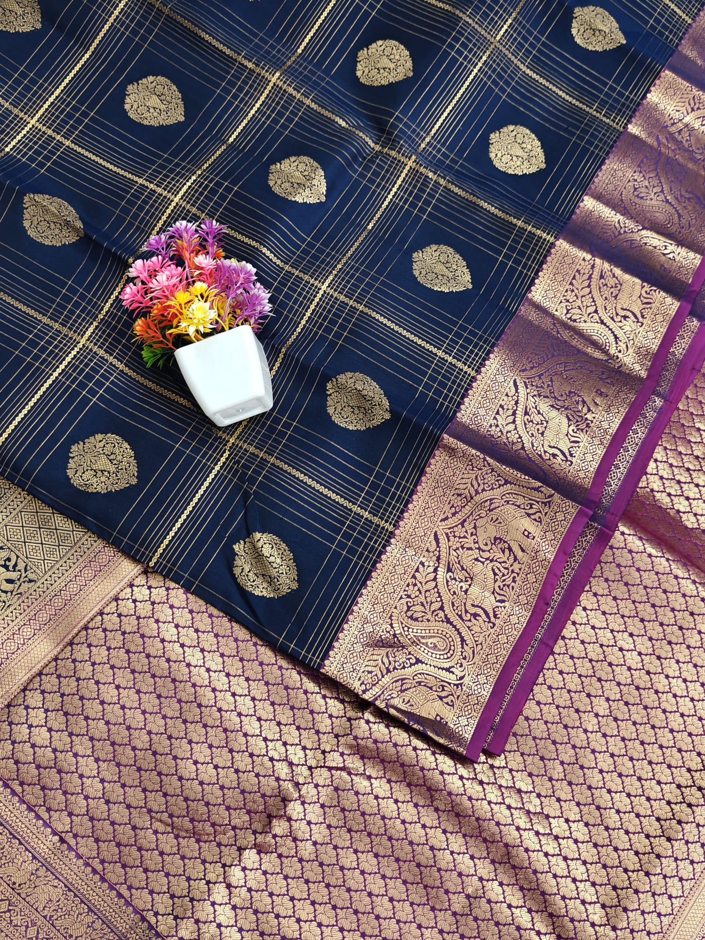 Dark Blue Pure Silk Saree with Purple Border