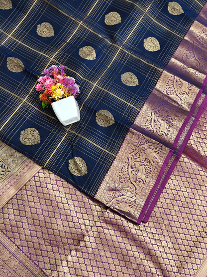 Dark Blue Pure Silk Saree with Purple Border