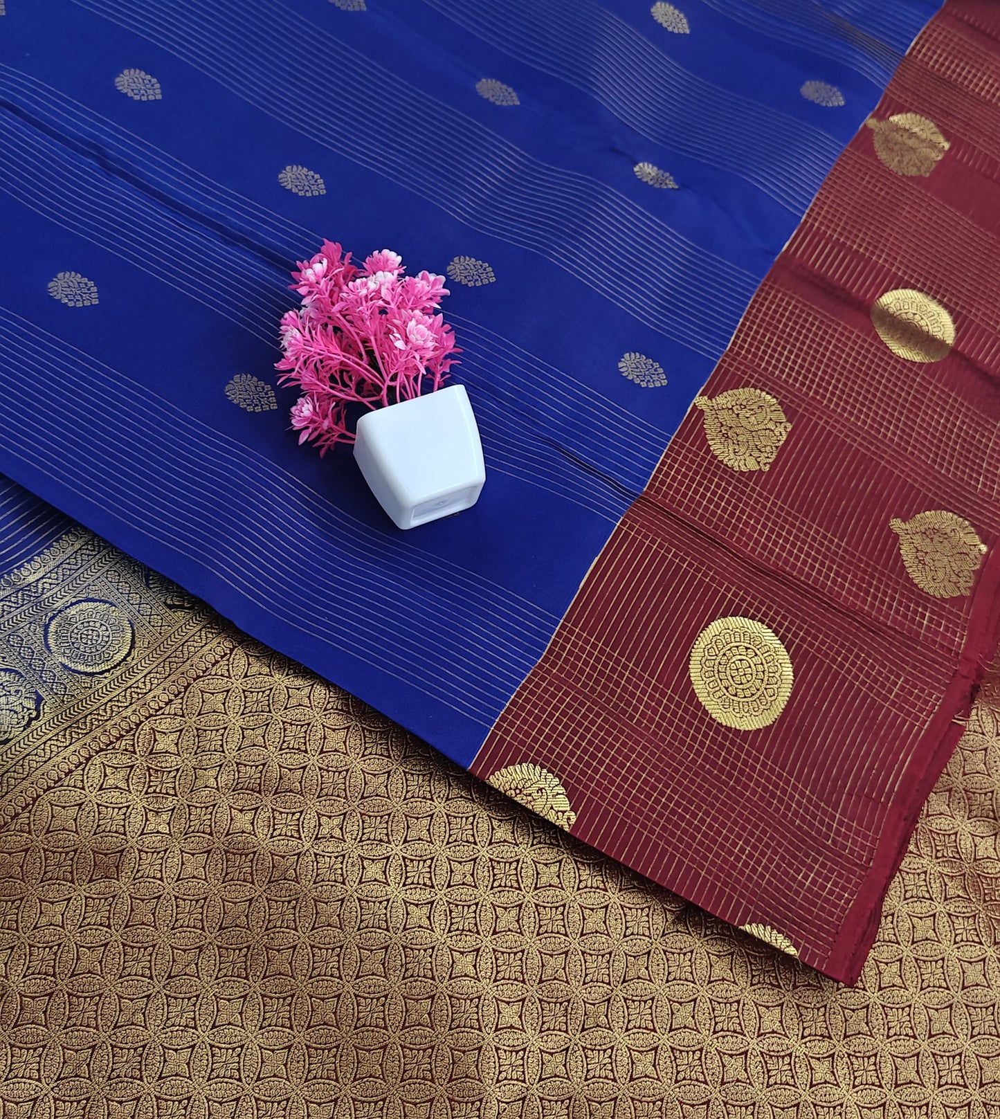 Royal Blue Checked Silk Saree with Red Border
