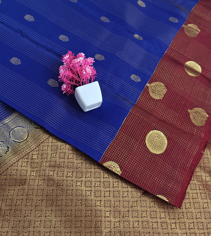 Royal Blue Checked Silk Saree with Red Border