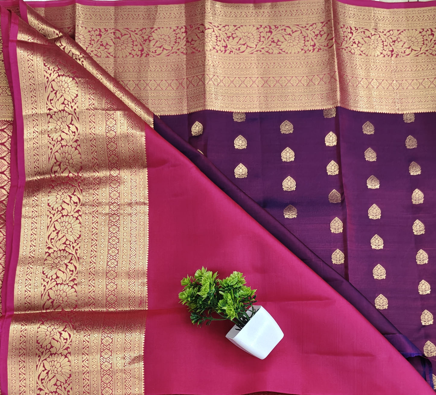 Purple Pure Silk Saree with Rani Pink Border