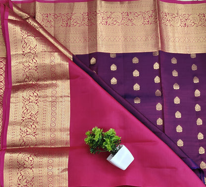 Purple Pure Silk Saree with Rani Pink Border