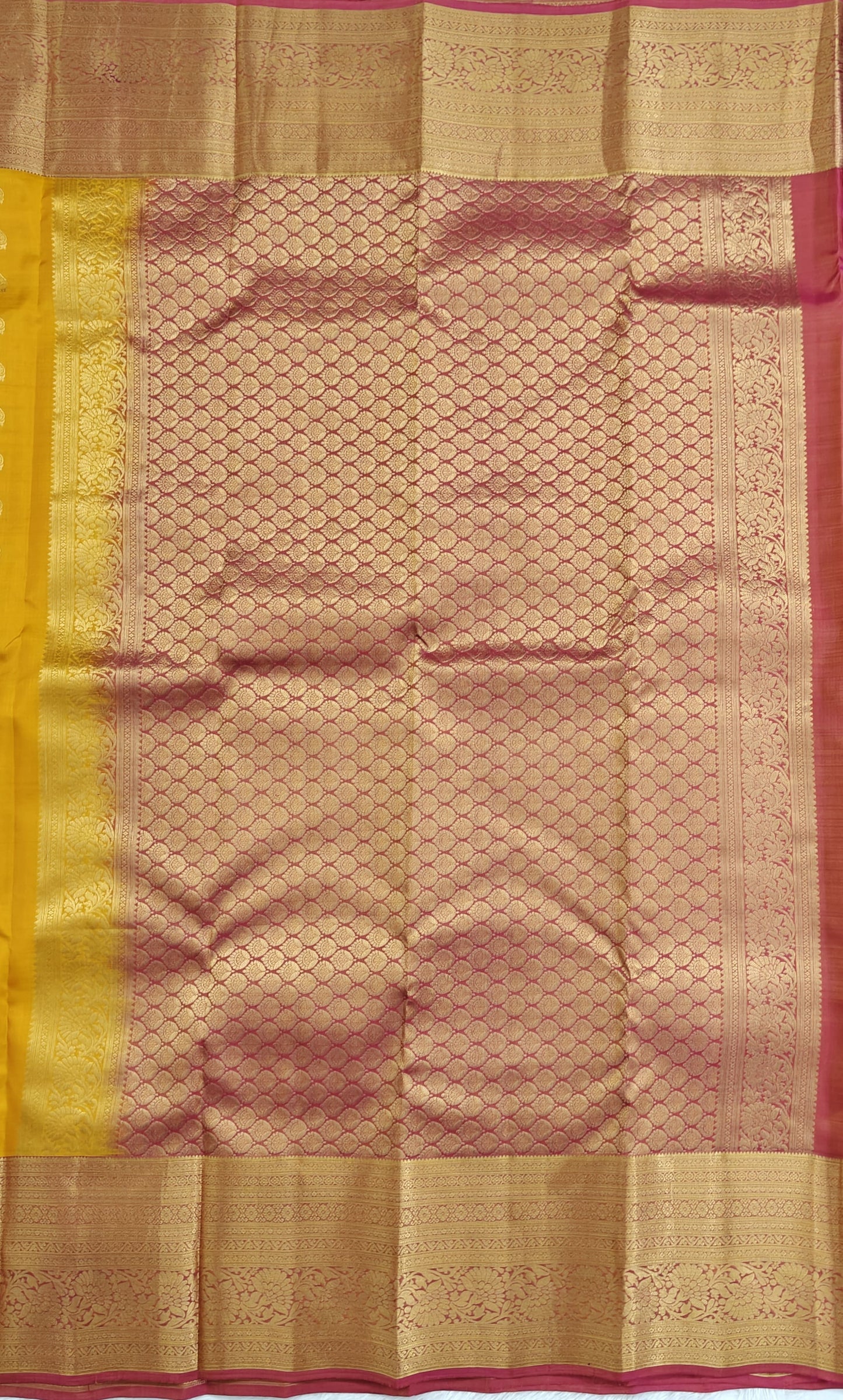 Yellow Pure Silk Saree with Pink Border