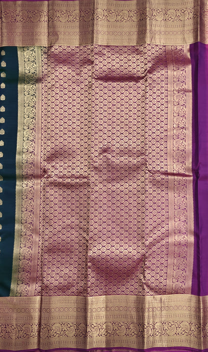 Peacock Green Pure Silk Saree with Purple Border
