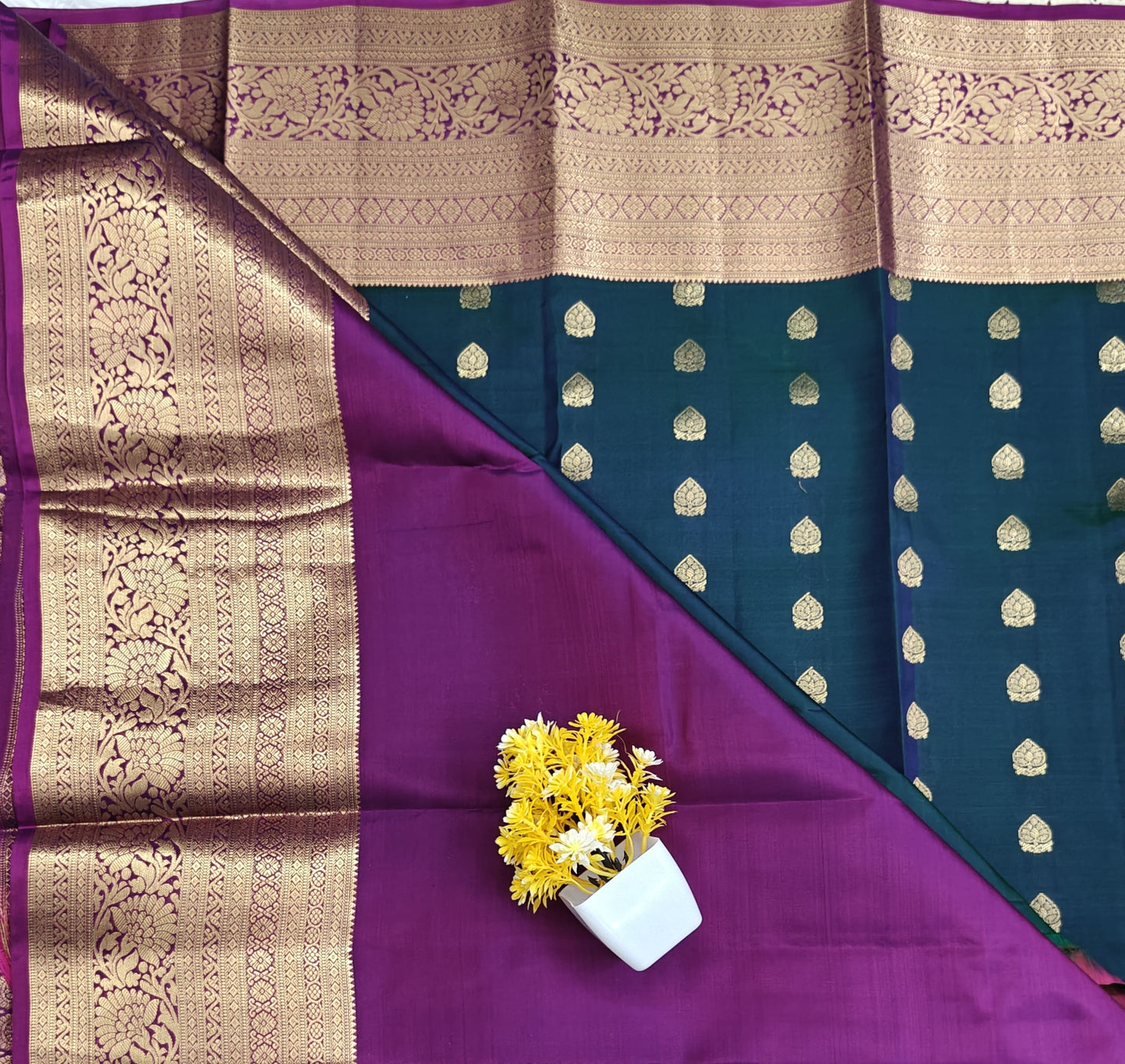 Peacock Green Pure Silk Saree with Purple Border