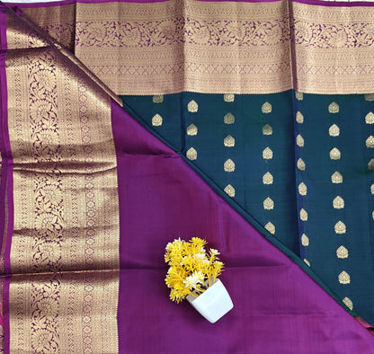 Peacock Green Pure Silk Saree with Purple Border