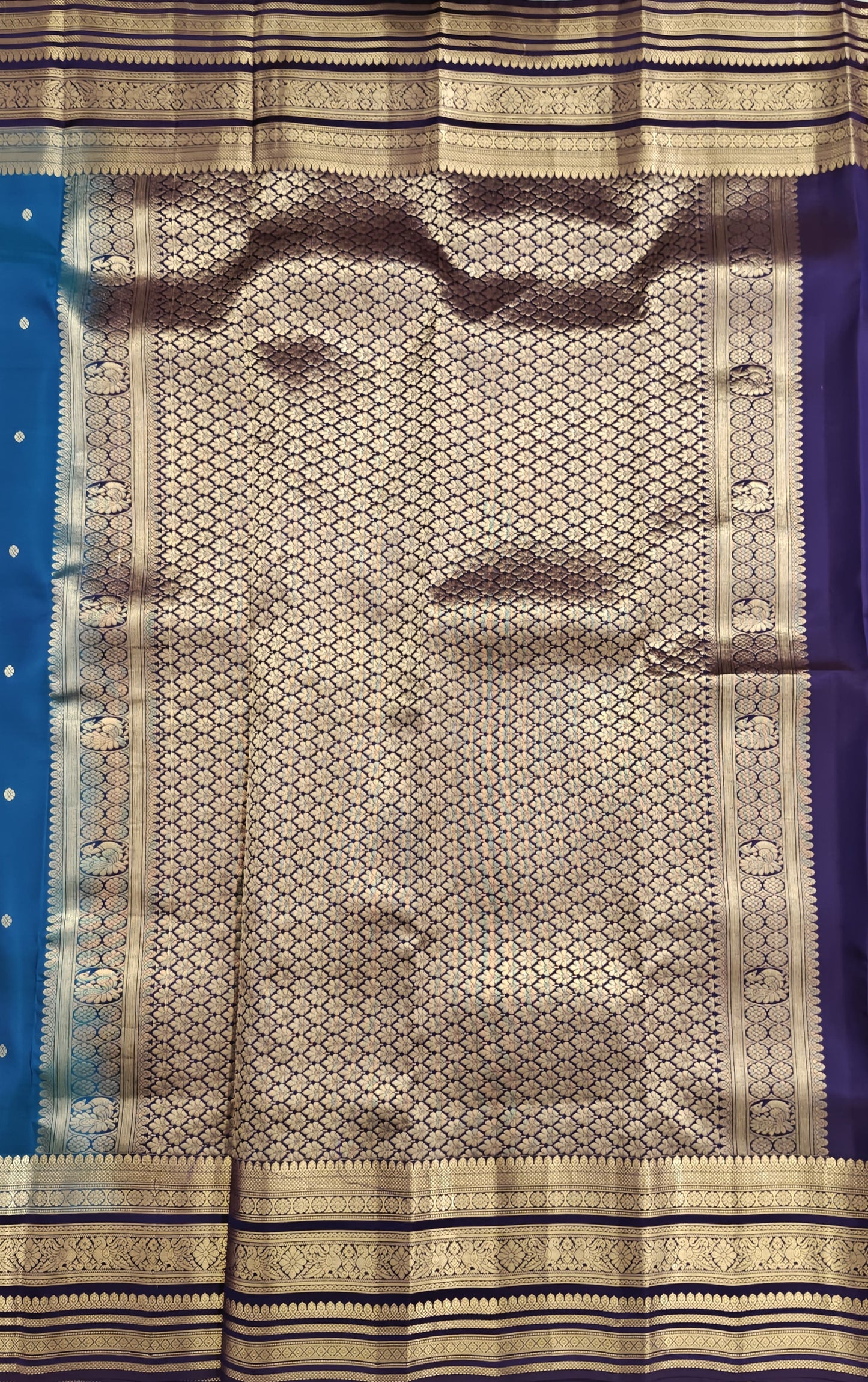 Peacock Blue Pure Silk Saree with Purple Border