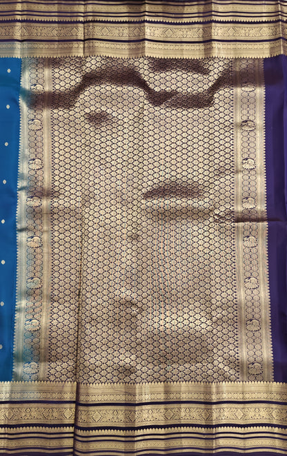 Peacock Blue Pure Silk Saree with Purple Border