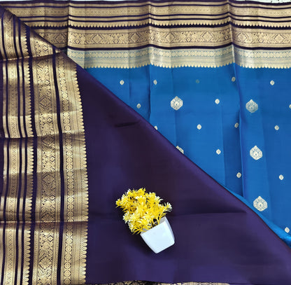 Peacock Blue Pure Silk Saree with Purple Border